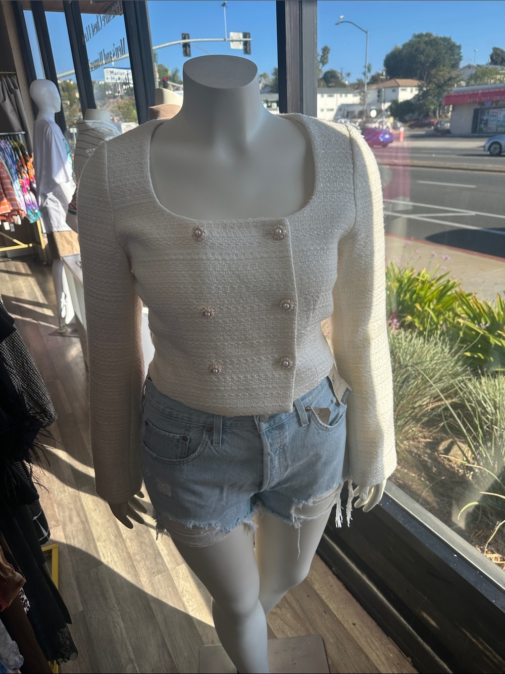 Elegant Ivory Textured Double-Breasted Crop Top